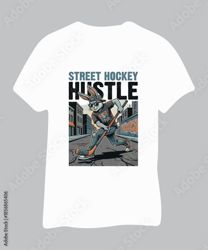Street Hockey Hustle Rabbit Illustration T-shirt Design