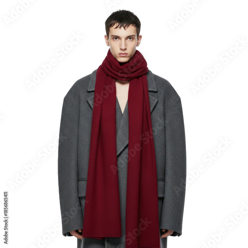 Young Male Model in Oversized Charcoal Gray Coat and Long Burgundy Scarf, Styled for Modern Fall Winter Fashion, Isolated on transparent background. PNG Without Background