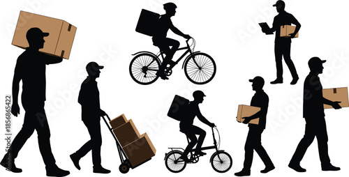 Delivery worker icons showing various transport and handling methods including walking, cycling, pushing, and carrying packages in silhouette