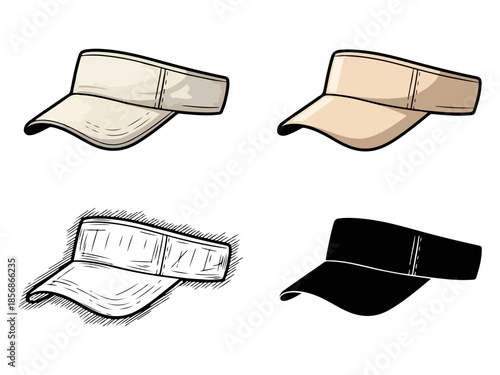 Set of four different styles of visors a beige one, a light brown one, a sketched version, and a black silhouette