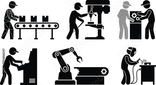 Industrial activity icons showing manufacturing, automation, and machine operation tasks in silhouette style for factory and engineering themes