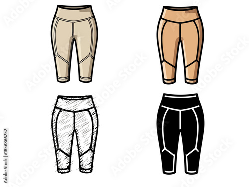 Collection of illustrated women's athletic capri leggings, featuring beige, brown, outlined, and black designs, ideal for fitness, yoga, and sportswear apparel concepts