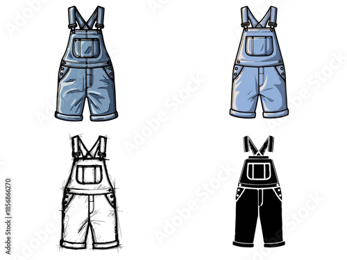 Collection of denim overalls illustrations colorful, outline, and silhouette styles