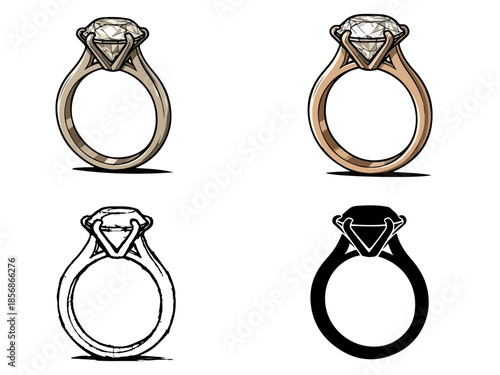 Four stylized illustrations of a diamond engagement ring in different artistic renderings, showcasing its facets and band