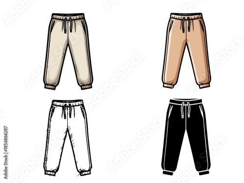 Collection of four pairs of casual drawstring pants in different colors including beige, tan, white, and black, showcasing various styles and designs for apparel