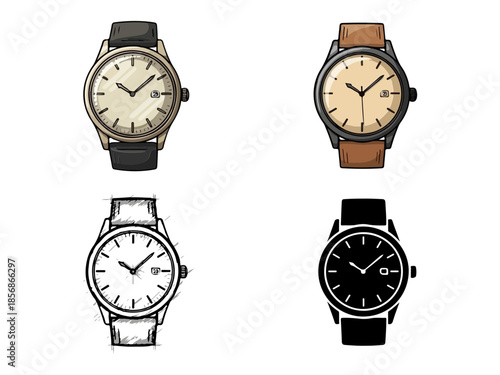 A curated collection of hand-drawn wristwatches, showcasing diverse classic designs and color variations, perfect for time-related fashion or elegant accessory concepts