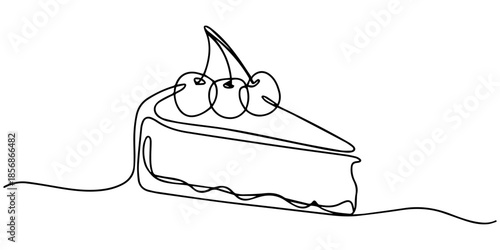 one line drawing of cheesecake with cherries. Hand drawn piece of cake, Continuous one line drawing of cake. Concept for cafe, bakery, restaurant. Modern style vector illustration on isolated