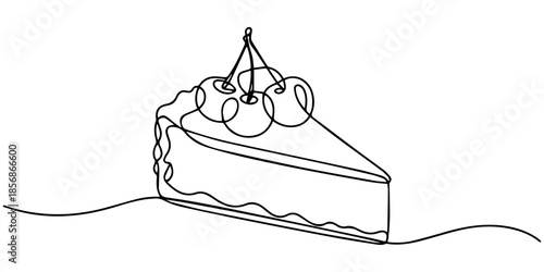 one line drawing of cheesecake with cherries. Hand drawn piece of cake, Continuous one line drawing of cake. Concept for cafe, bakery, restaurant. Modern style vector illustration on isolated