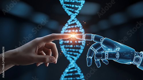 A human hand and a robotic hand touching a glowing blue D N A strand in a futuristic setting