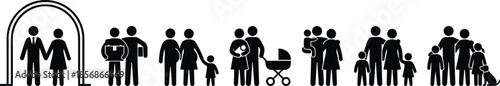 Family life evolution icons showing stages from marriage to parenting, child growth, and pet companionship in silhouette style