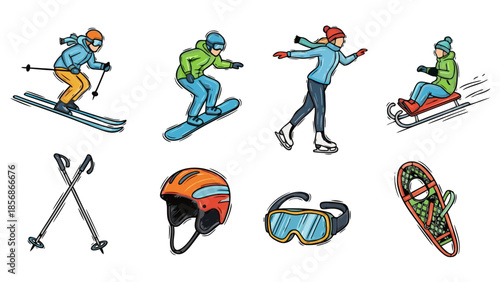 Collection of winter sports activities and equipment illustrations in a doodle style