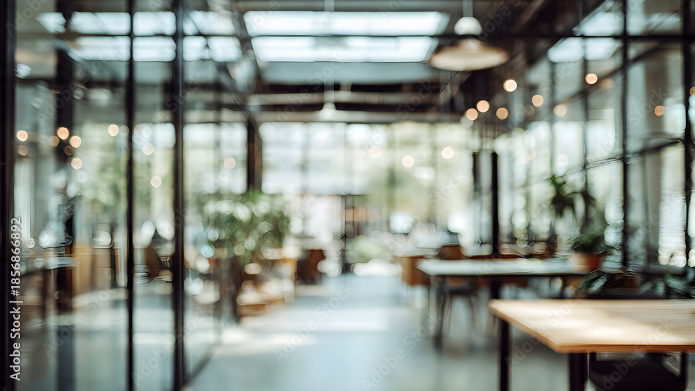 Fototapeta premium Abstract background of an office interior. Blurred office space. Modern workspace design. Glass walls and plants. Commercial building, eco-friendly building, business concept.