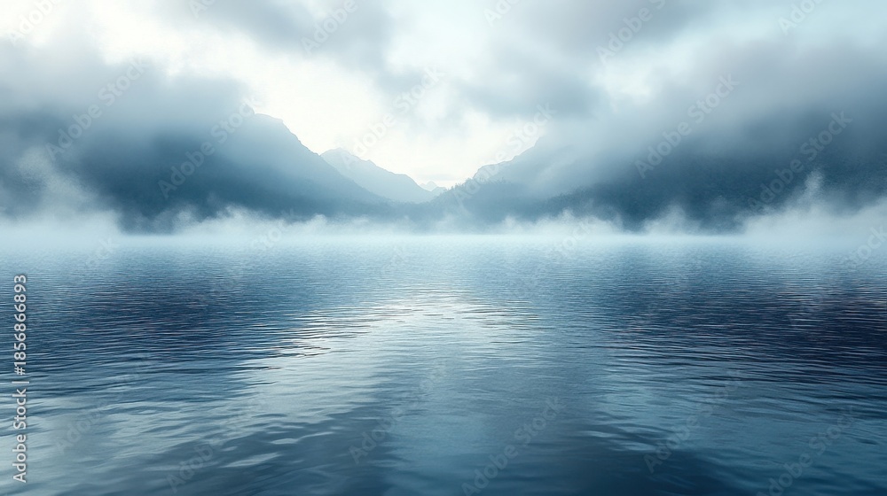 Naklejka premium Misty Lake Reflecting Mountains Under A Cloudy Sky Ethereal Atmosphere