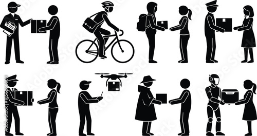 Package delivery icons showing diverse courier methods including drone, robot, cyclist, and human handoff in silhouette style