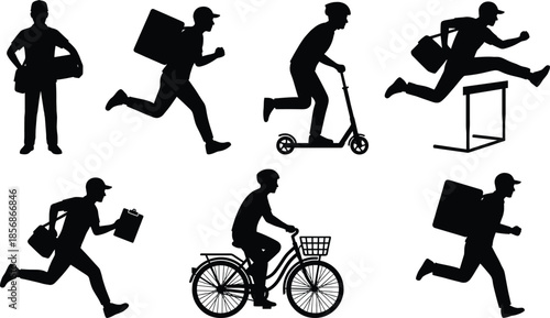 Package delivery icons showing diverse courier methods including running, cycling, scooter, drone, and hand truck in silhouette style