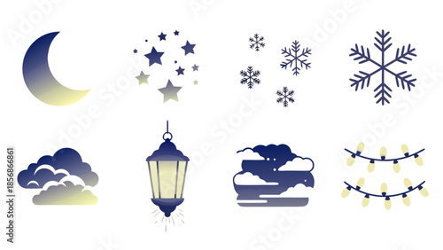 Collection of night and winter themed icons including moon, stars, snowflakes, clouds, lantern, and lights