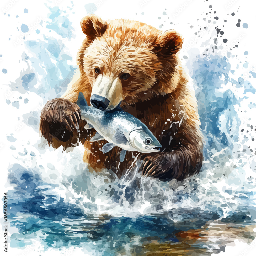Fototapeta premium Bear Catching Fish, playful watercolor vector depicting lively antics and expressive gestures, isolated on a white background.