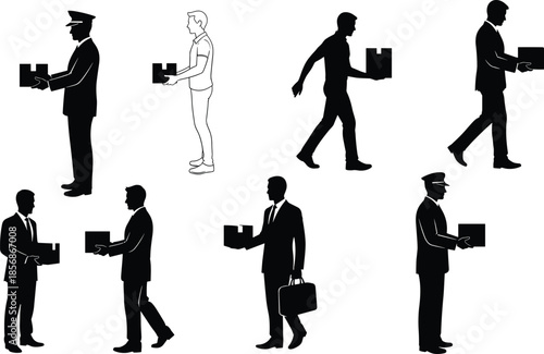 Package handling icons showing diverse professional roles and gestures in silhouette style for delivery and logistics themes