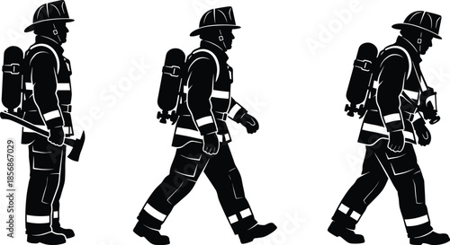 PrintBlack silhouette of firefighter walking with gear, fireman carrying axe, oxygen tank, and mask, emergency rescue first responder vector icons.