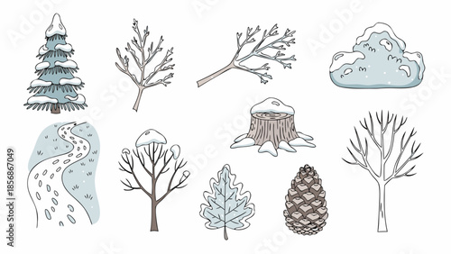Collection of winter nature elements with snow and frosty details