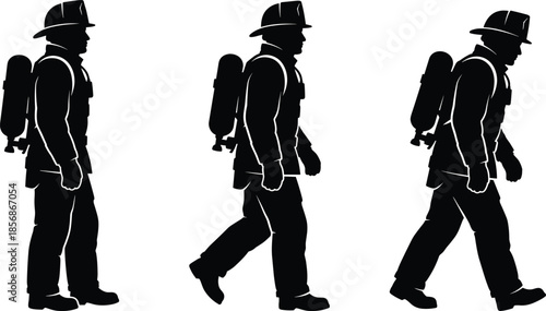 PrintBlack silhouette sequence of a professional firefighter walking in full protective gear and oxygen tank isolated on a white background