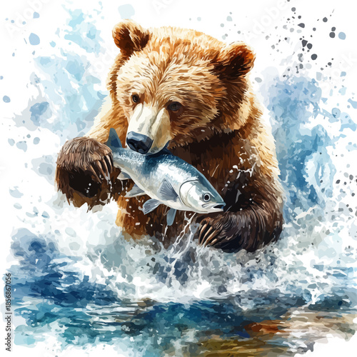 Bear Catching Fish, playful watercolor vector depicting lively antics and expressive gestures, isolated on a white background.