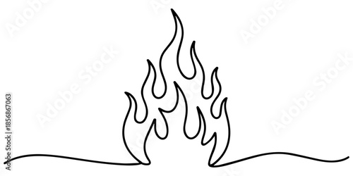 Fire icon in continuous one line drawing with minimalist style isolated outline illustration design. one line Icon drawing, Continuous one line drawing of a fire flame alongside a standard outline