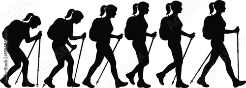 PrintBlack silhouette sequence of a woman hiking with a backpack and trekking poles showing different walking stages on white background