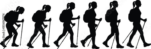 PrintBlack silhouette sequence of a woman hiking with a backpack and trekking poles showing different walking stages on white background