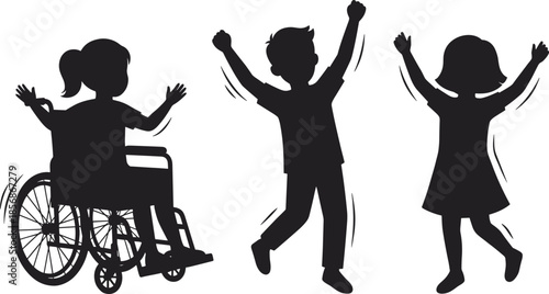 PrintHappy children silhouettes set, inclusive group of kids jumping, girl in wheelchair, boy celebrating, various childhood play, accessibility vector icons.