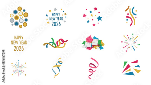 Happy New Year 2026 celebration elements with confetti, streamers, and fireworks