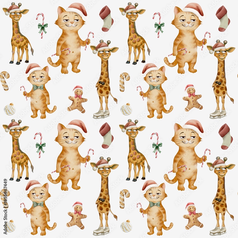Fototapeta premium Watercolor pattern design featuring playful animals with festive elements in a repeating pattern