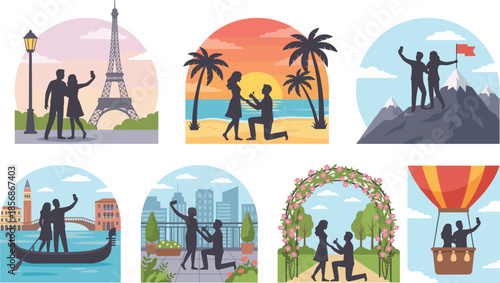 Romantic couple icons in scenic travel destinations showing proposals, selfies, and love moments in stylized vector scenes