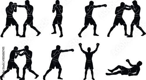 PrintSet of black boxing silhouettes featuring fighters sparring, punching, celebrating victory, and a knockout pose isolated on a white background