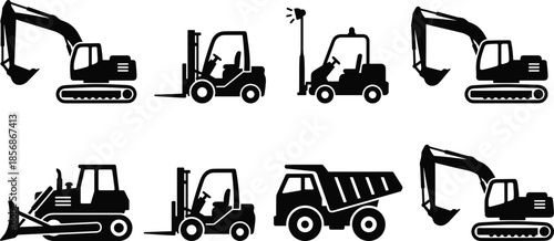 PrintSet of black construction machinery silhouettes including excavator, forklift, bulldozer, and dump truck for industrial site icons on white background
