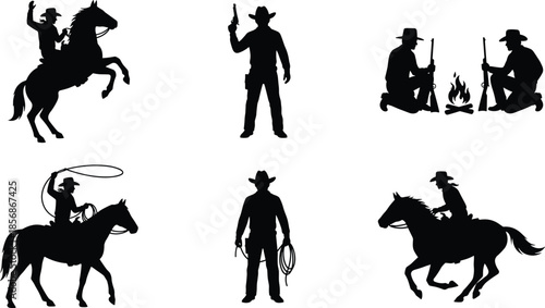 PrintSet of black cowboy silhouettes including horse riding, throwing lasso, holding gun, and sitting by campfire on a white background
