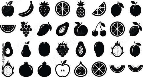 PrintSet of black fruit icons including apple banana strawberry orange pineapple pear grapes mango peach cherry and watermelon on white background