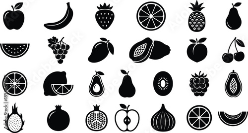 PrintSet of black fruit icons including apple banana strawberry orange pineapple pear grapes mango peach cherry and watermelon on white background