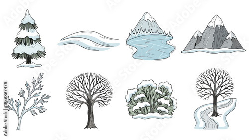 Collection of hand-drawn winter nature elements with snow and ice