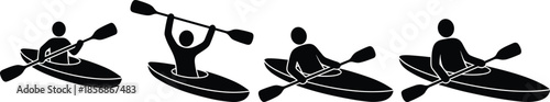 PrintSet of black silhouettes showing a person kayaking in four different positions including paddling and celebrating victory on white background