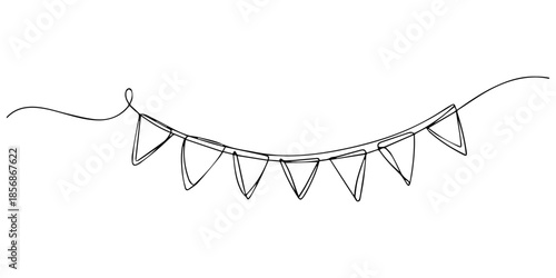 Continuous line art drawing buntings garland. Celebration party hand drawn flags, One line party garland sketch. Hand drawn elements, One line flags garland sketch. Hand drawn elements. Vector