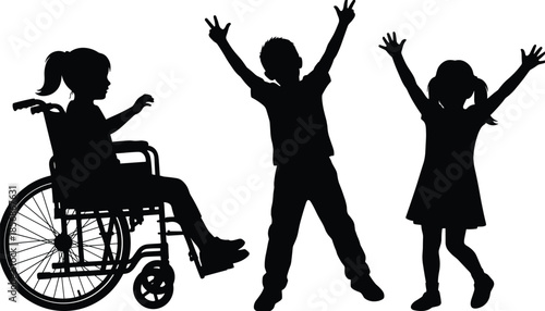 PrintSilhouette of happy diverse children playing together including a girl in a wheelchair, representing inclusivity, disability awareness, friendship, and empowerment.