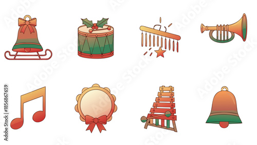Collection of festive musical instruments and holiday icons with a gradient color scheme