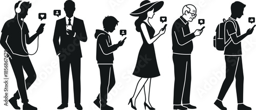 Smartphone user icons showing diverse age groups and emotional reactions to social media in silhouette vector style