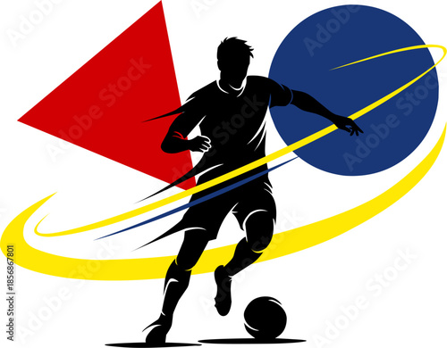 Dynamic soccer player surrounded by geometric shapes and motion lines, perfect for sports design projects and athletic branding materials.