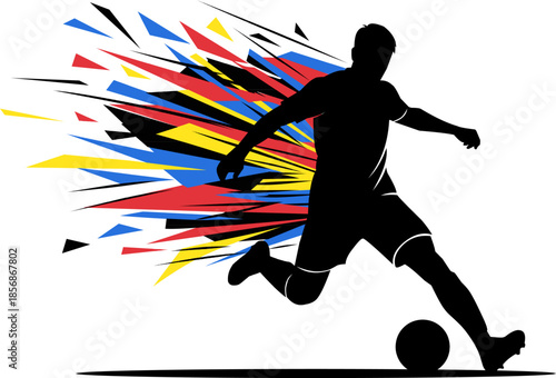 Silhouette of soccer player with abstract elements. Perfect for sports blogs, posters, or social media posts with dynamic visuals.