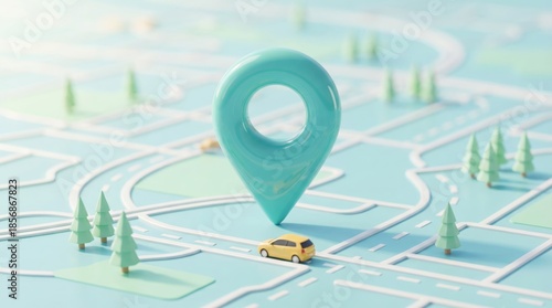 3D rendered isometric city map with mint green trees and turquoise location pointer