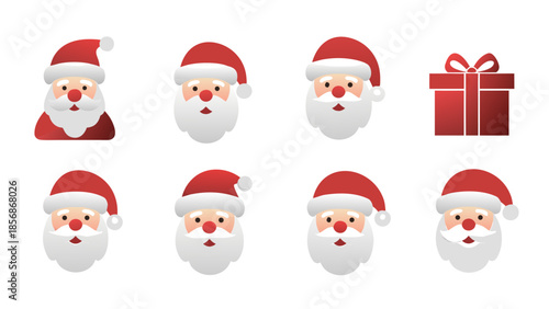 Collection of Santa Claus faces and a gift box icon for Christmas