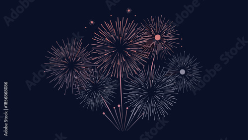 Abstract fireworks display with radiating lines and dots on a dark background