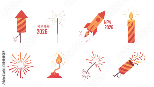 New Year 2026 celebration icons featuring fireworks, rockets, and sparklers
